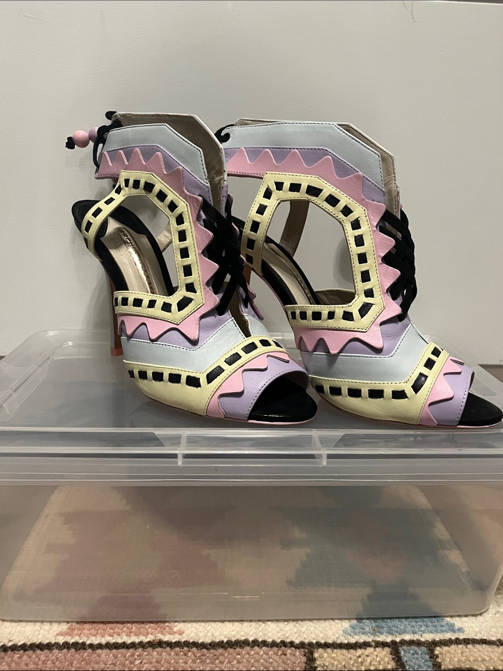 Sophia Webster Pastel Pink, Yellow & White Cutout Lace-Up Heels